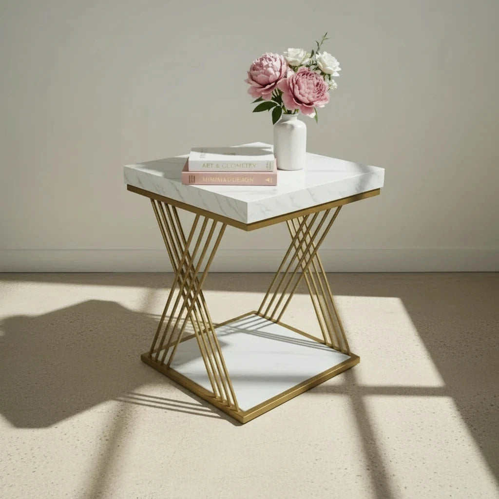 Chic Modern Square Side Table with Faux Marble Top