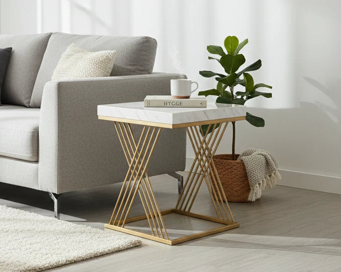 Chic Modern Square Side Table with Faux Marble Top
