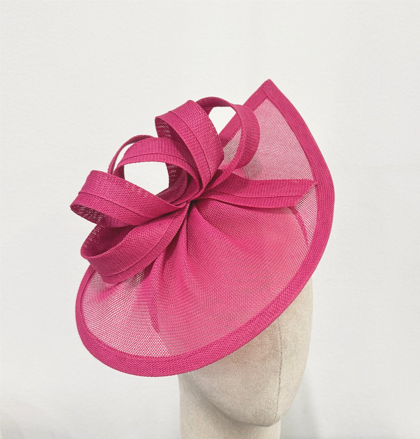 Caprilite Vegan Moon Hoop Fascinator Hat on Headband Wedding Ascot Races Bespoke Sinamay Disc - Fuchsia Pink