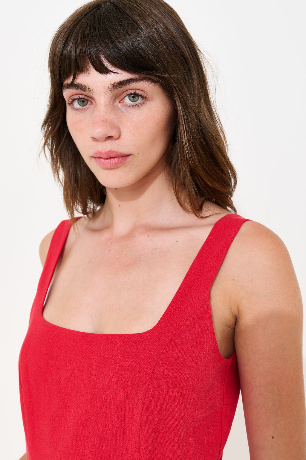 Baya Linen Mix Square Neck Midi Dress - Red