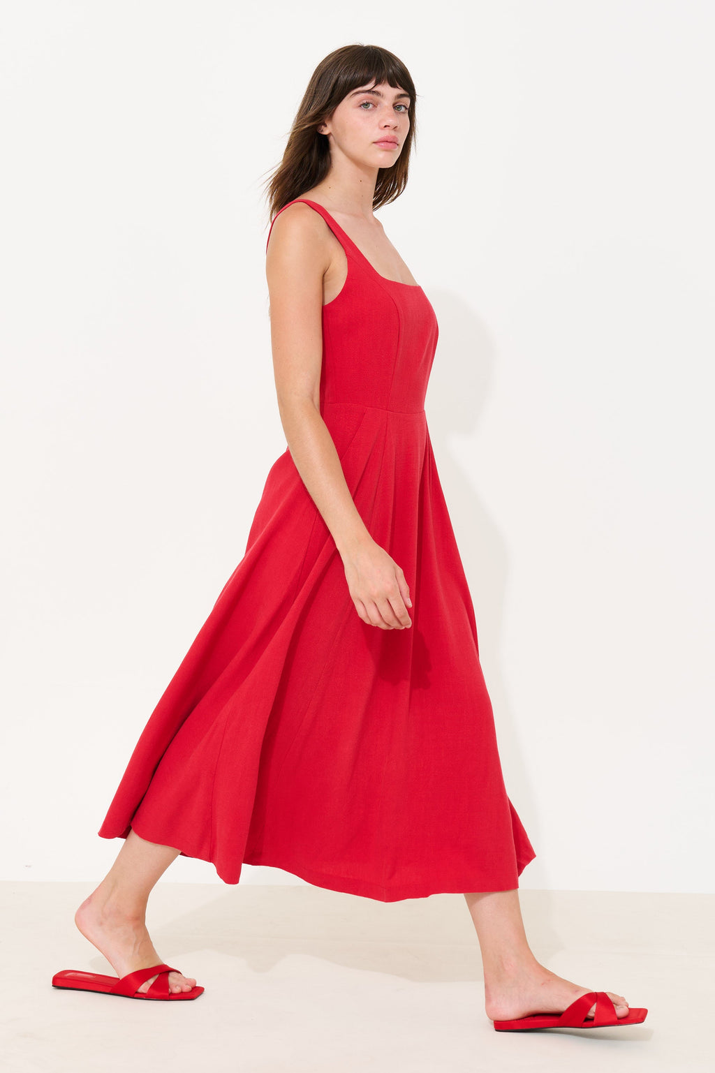 Baya Linen Mix Square Neck Midi Dress - Red