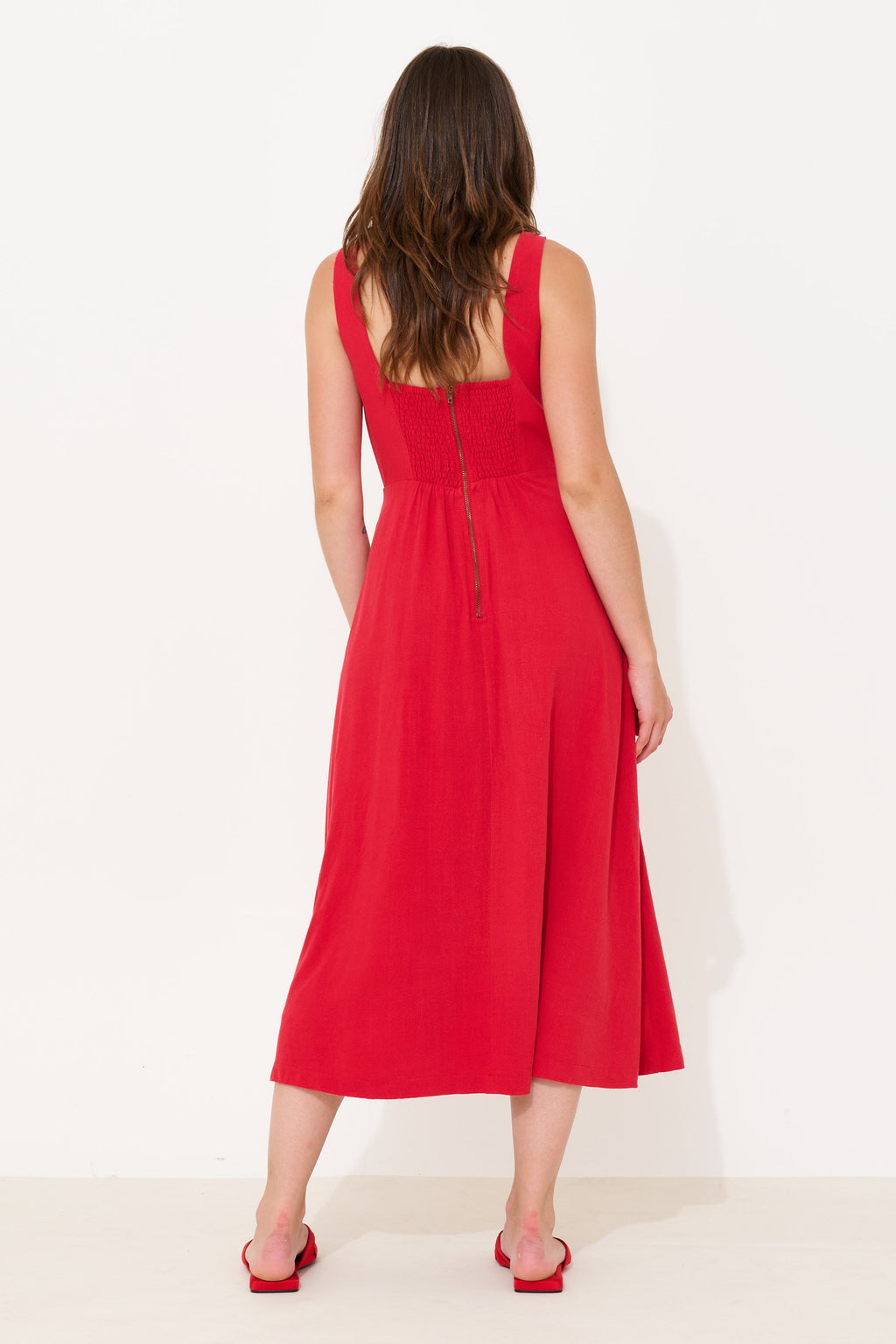 Baya Linen Mix Square Neck Midi Dress - Red