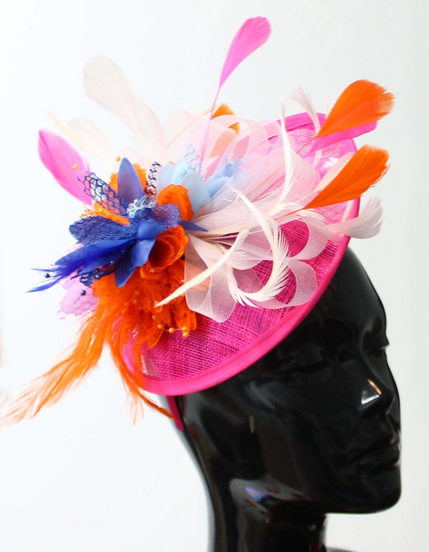 Bespoke Orange Fuchsia Blue and White Fascinator