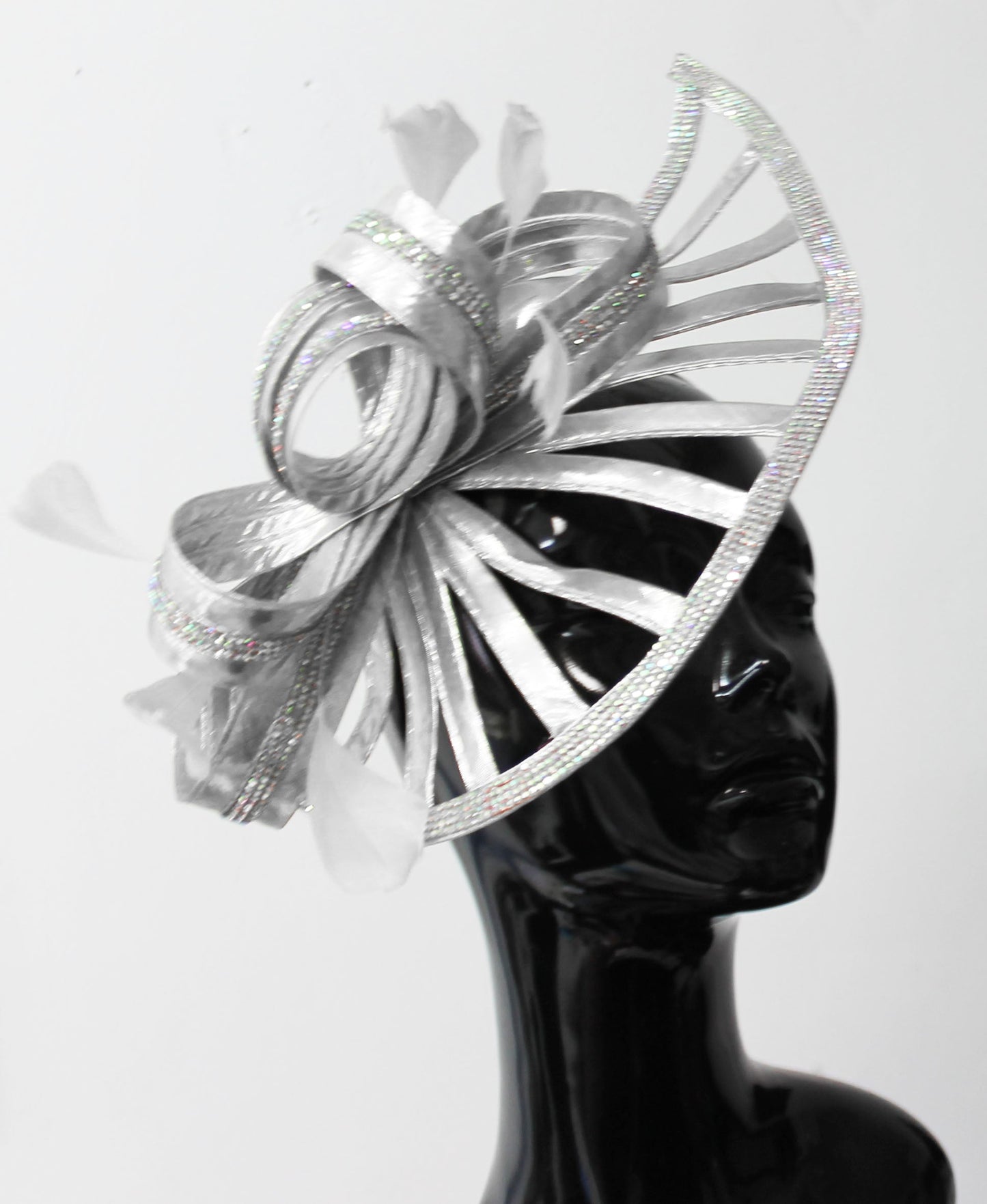 Sparkly Silver Crystal Diamante Fascinator Hat Pointed Saucer on Headband