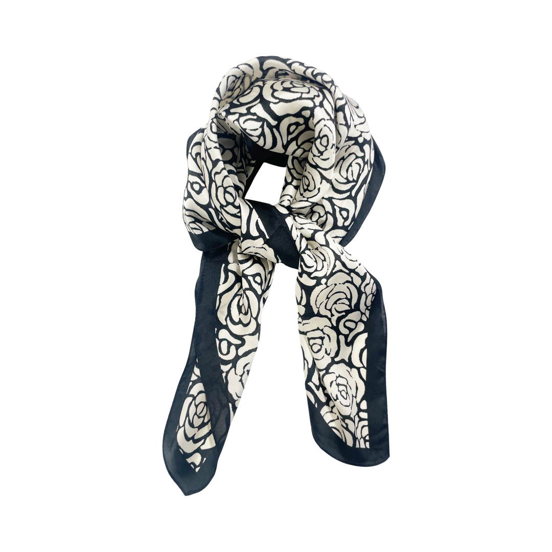 Black and White Roses Silky Thin Summer Spring Scarf Head