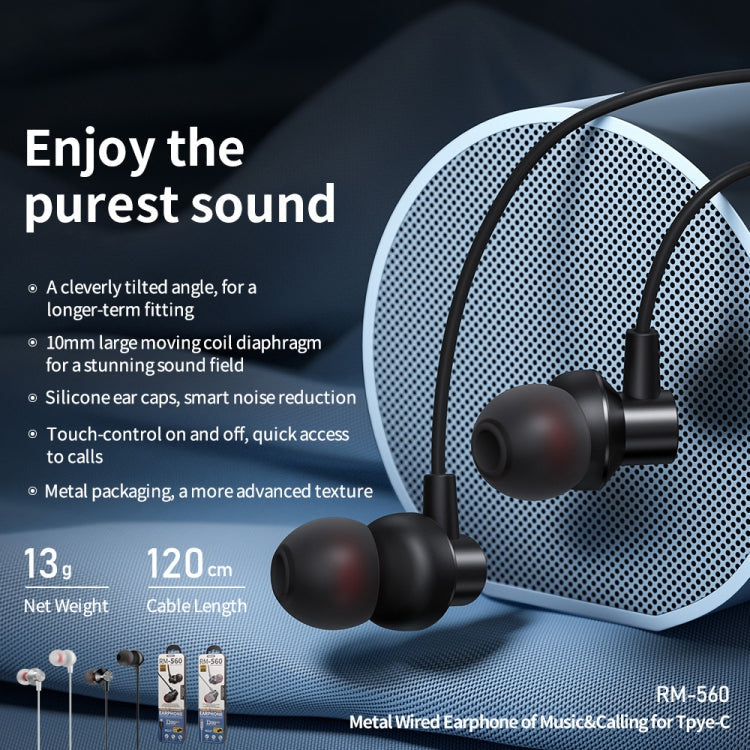 REMAX RM-560 Type-C In-Ear Stereo Metal Music Earphone with Wire Control + MIC, Support Hands-free, Not For Samsung Phones(White)
