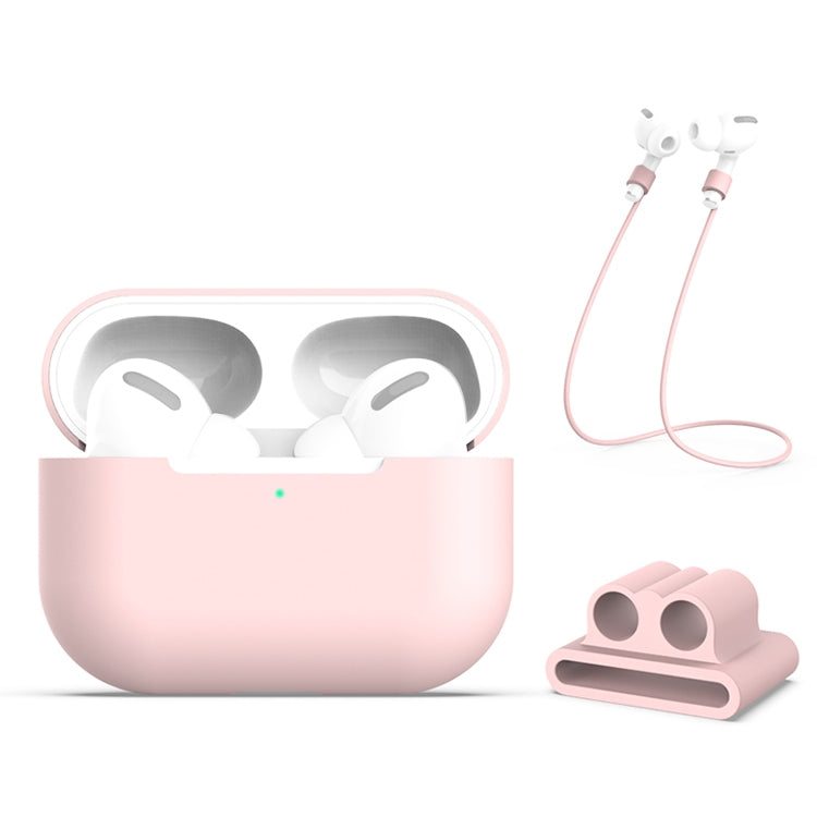 For AirPods Pro 3 in 1 Silicone Earphone Protective Case + Earphones Buckle + Anti-lost Rope Set(Pink)