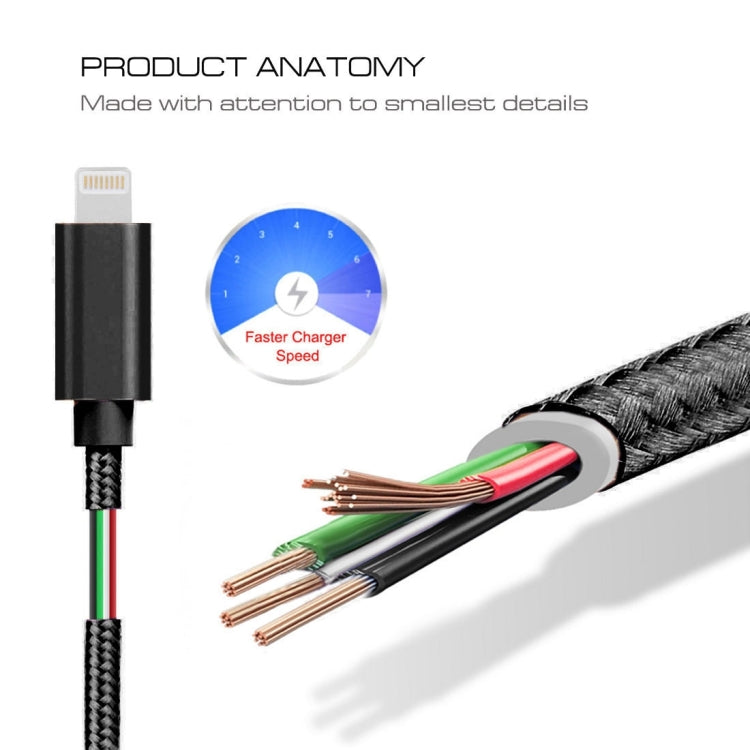 3A Woven Style Metal Head 8 Pin to USB Charge Data Cable, Cable Length: 2m(Black)
