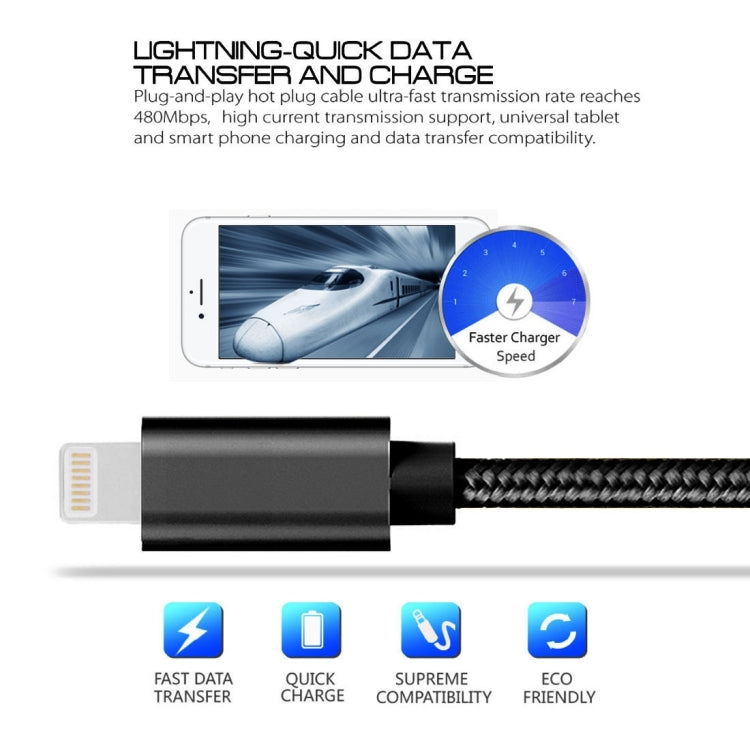 3A Woven Style Metal Head 8 Pin to USB Charge Data Cable, Cable Length: 2m(Black)