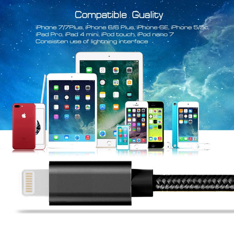 3A Woven Style Metal Head 8 Pin to USB Charge Data Cable, Cable Length: 2m(Black)