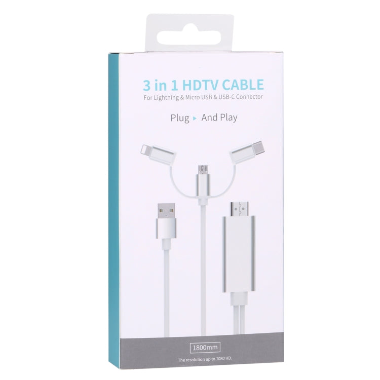 3 in 1 Micro USB & 8 Pin & Type-C to HDMI HD 1080P HDTV Adapter Cable(Silver)
