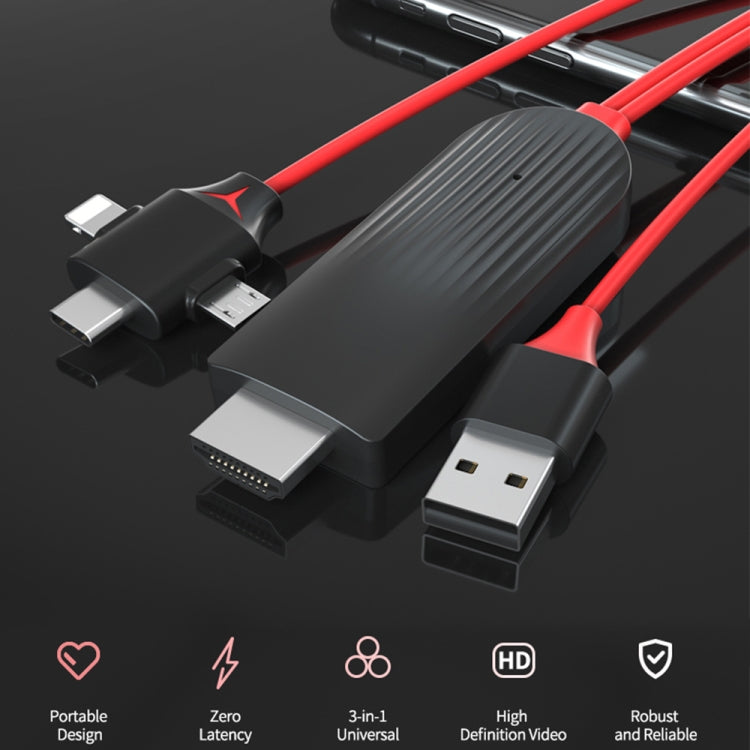MiraScreen L7-8 3 in 1 8 Pin  Micro USB  USB-C / Type-C to HDMI Video Converter Cable, Cable Length: 2m