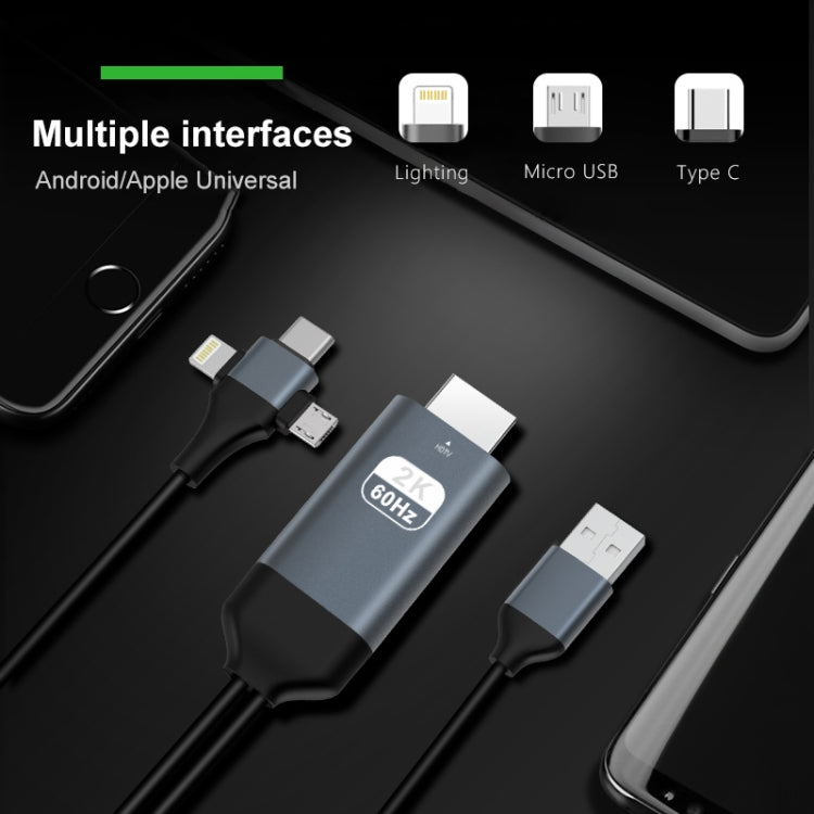 P8J Aluminum 3 in 1 8 Pin  Micro USB  USB-C / Type-C to HDTV Cable, Cable Length: 2m