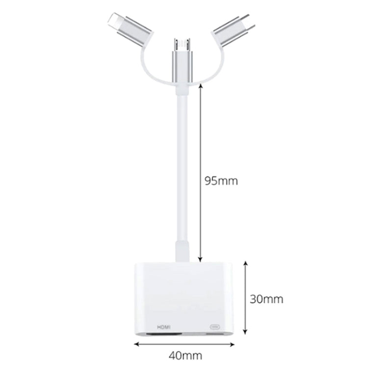 A18 Pro 3 in 1 8 Pin + Type-C + Micro USB to HDMI + 8 Pin Digital AV Adapter (White)