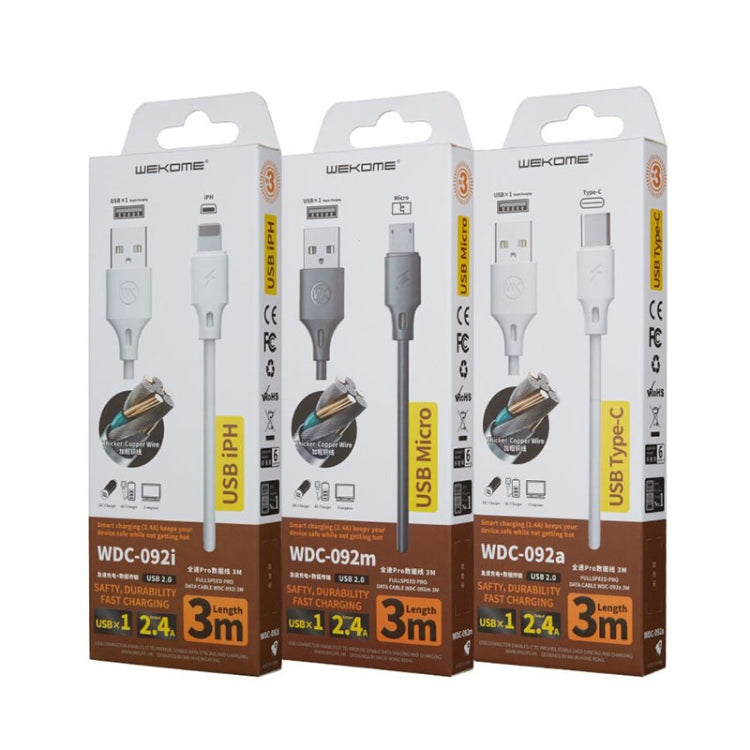 WK WDC-092 3m 2.4A Max Output Full Speed Pro Series USB to 8 Pin Data Sync Charging Cable, 3m 8 Pin