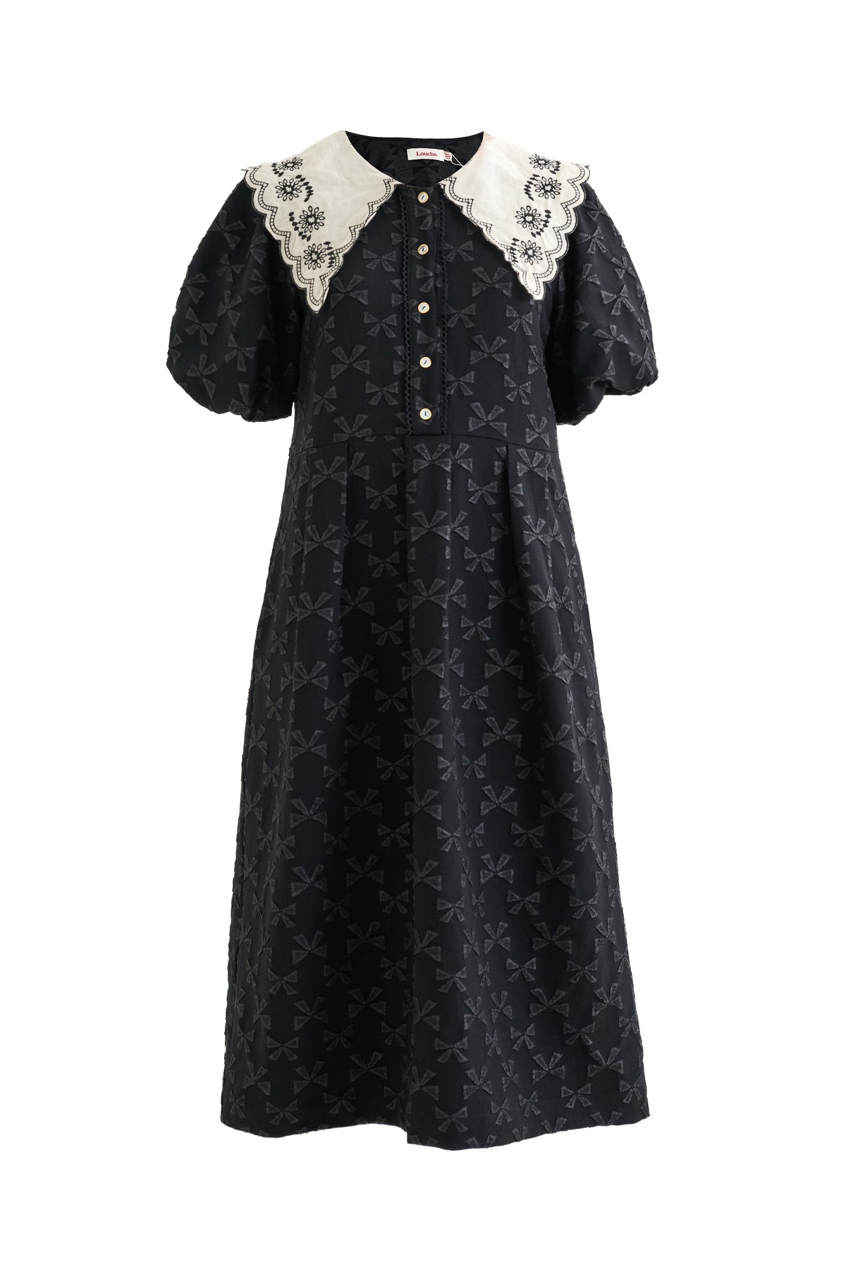 Iris Bow Black Jacquard White Embroidered Collar Midi Dress