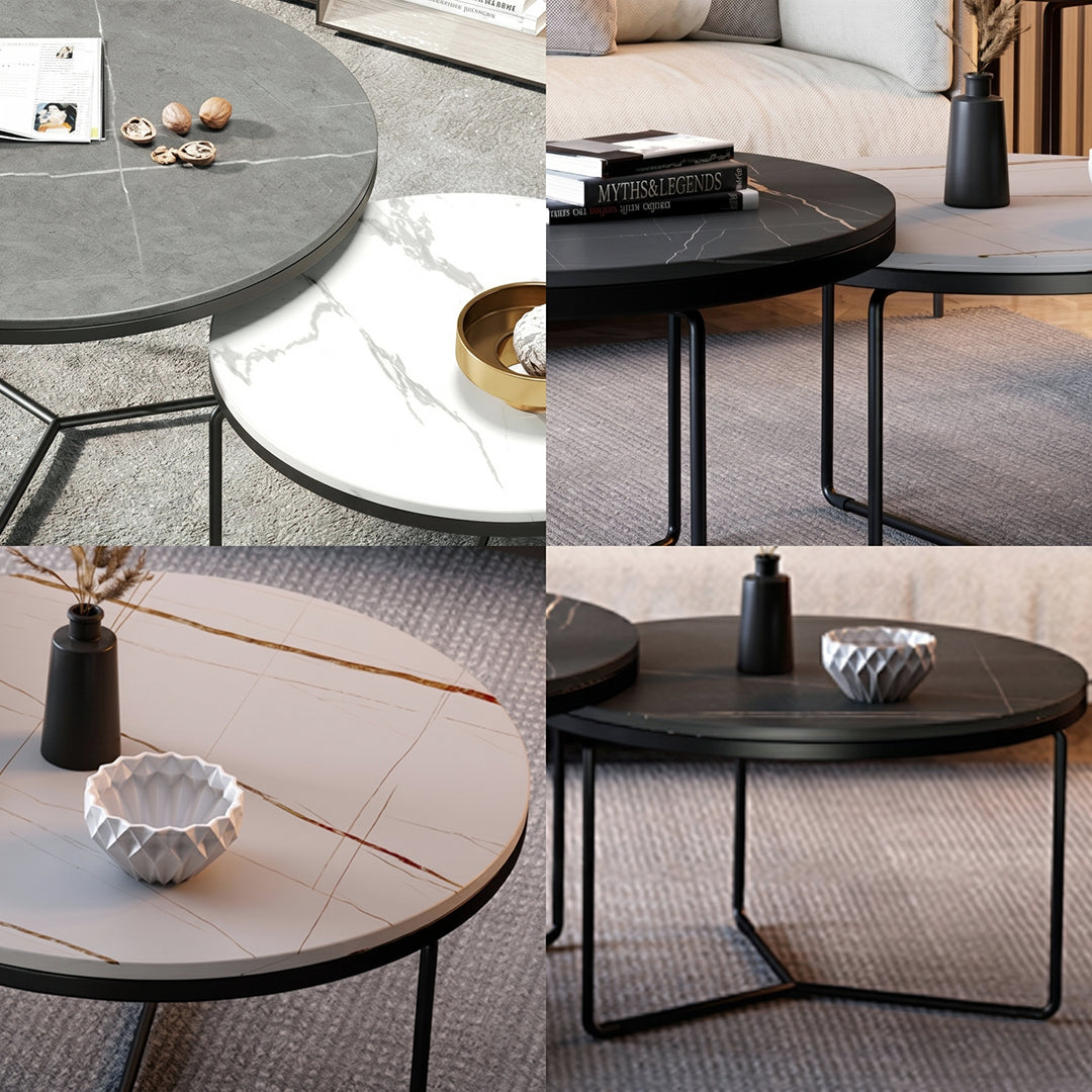 Iver Stone Round Nesting Coffee Table Set, Black & White