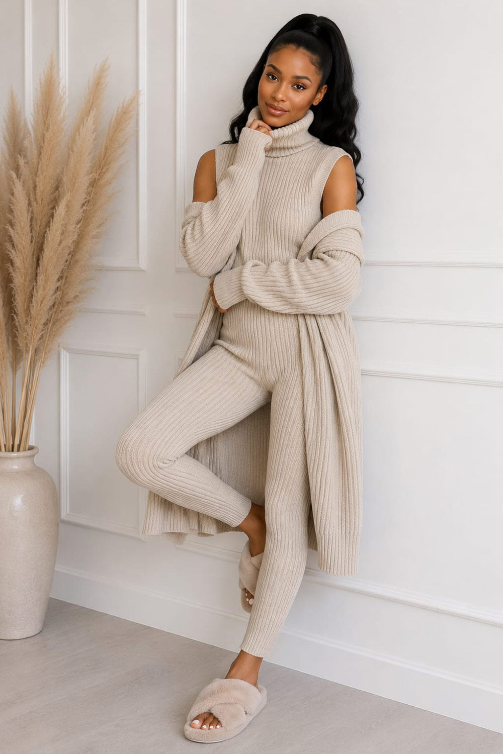 Ladies 3 Piece Suit Roll Neck Chunky Knitted Ribbed Tracksuit Lounge Set