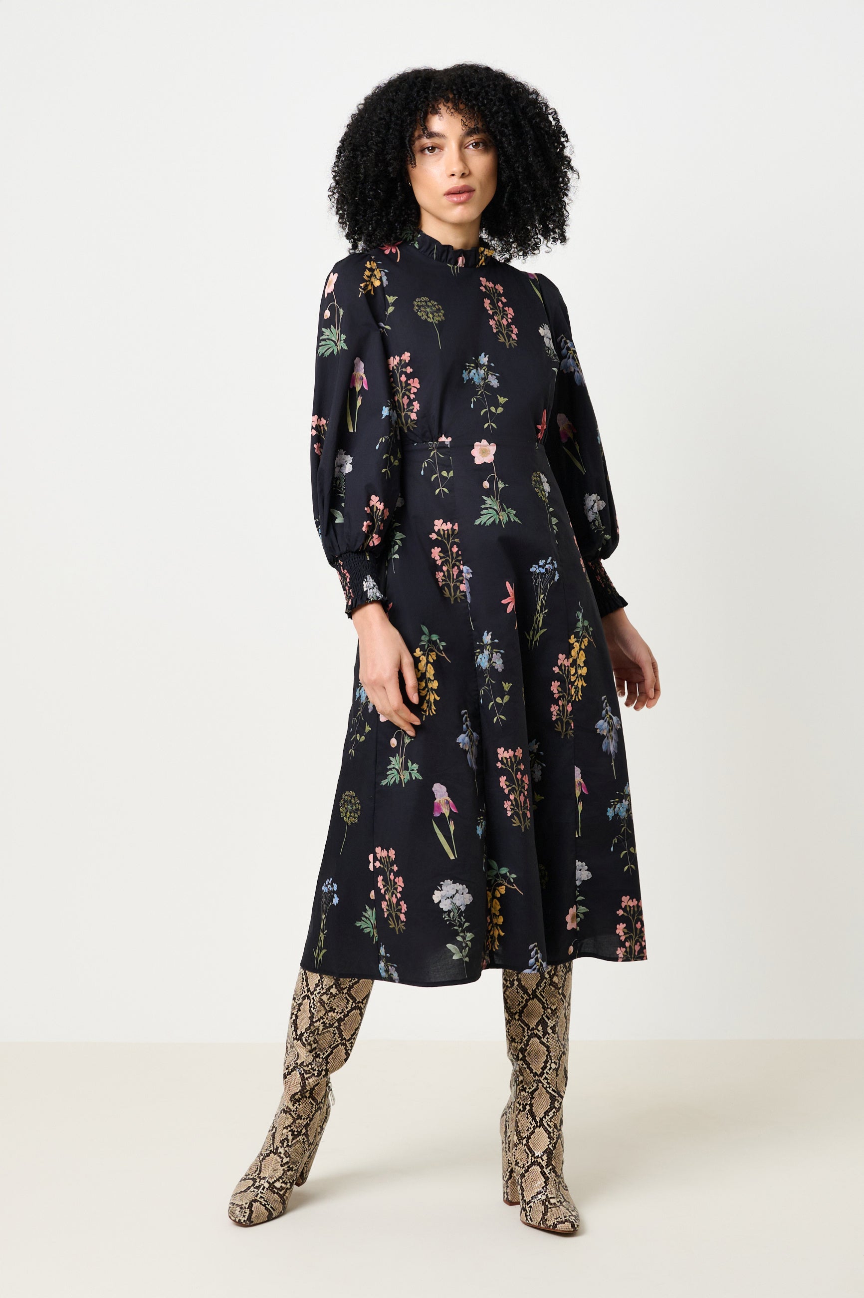 Jessie Flower Press Print Frill Neck Midi Dress