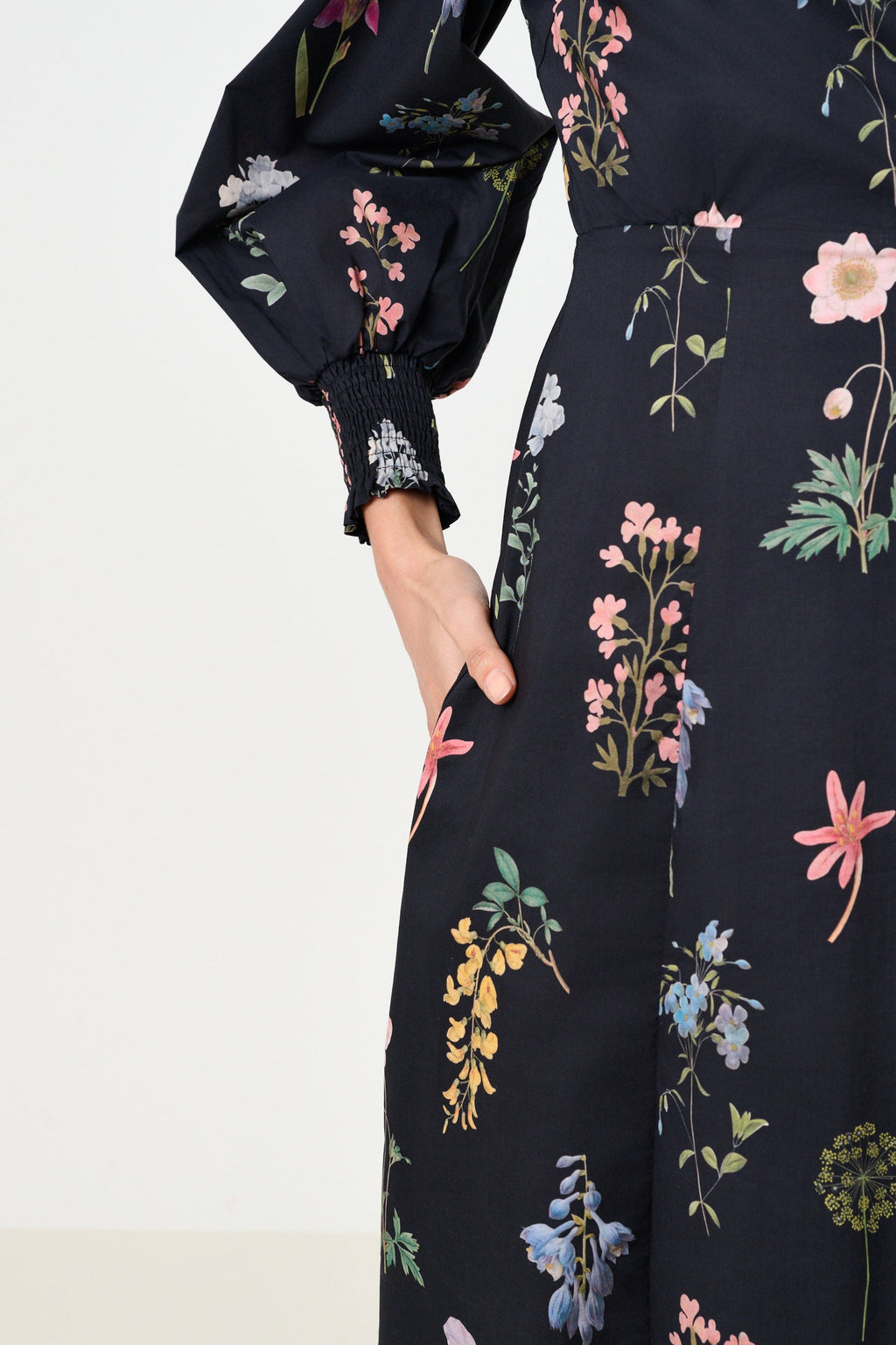 Jessie Flower Press Print Frill Neck Midi Dress