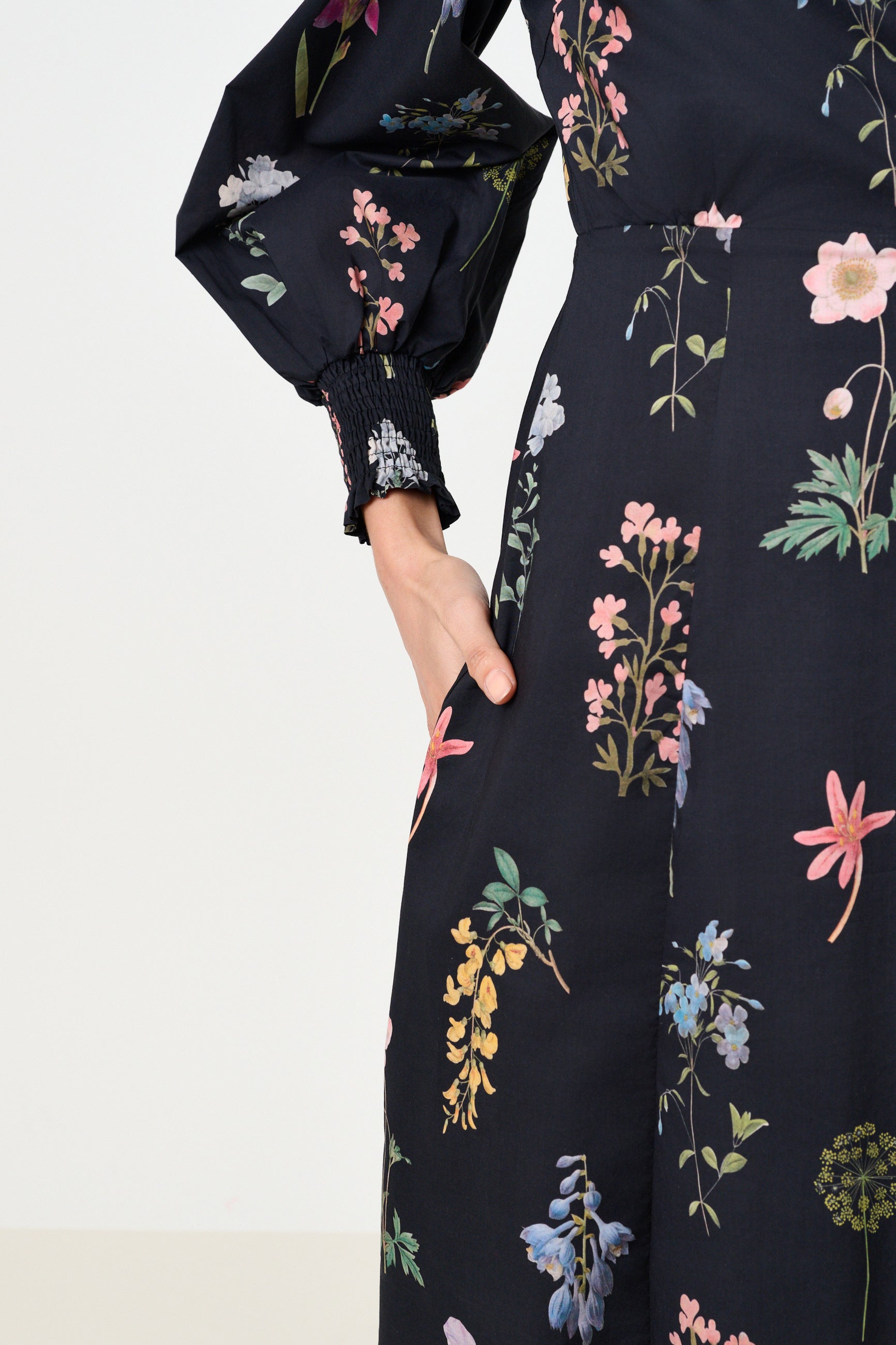 Jessie Flower Press Print Frill Neck Midi Dress