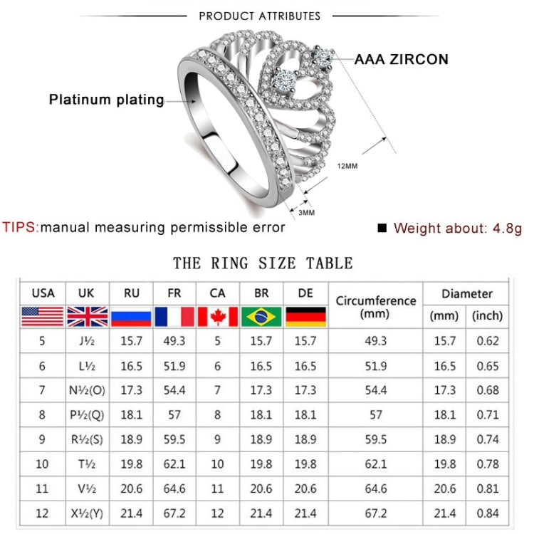 Princess Queen Crown-shaped Platinum Plated Zircon Ring, US Size: 6, Diameter: 16.5mm, Perimeter: 51.9mm, 6