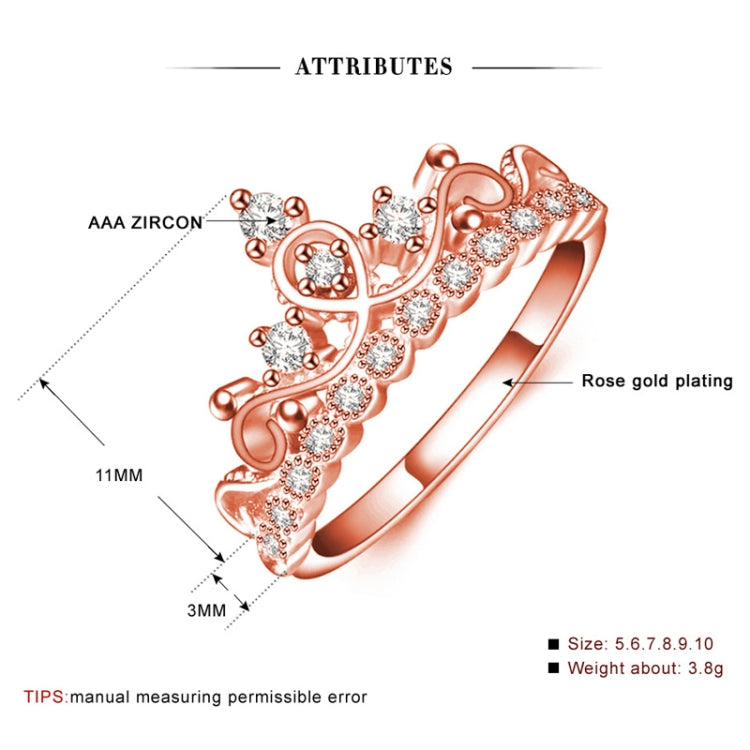 Princess Queen Crown-shaped Rose Gold Plated Zircon Ring, US Size: 8, Diameter: 18.1mm, Perimeter: 57mm, 8