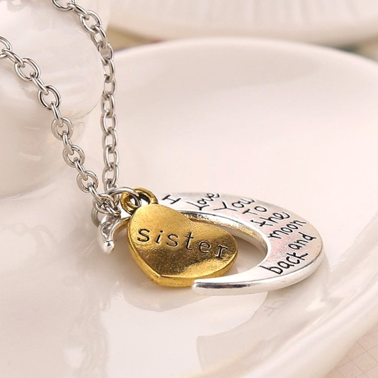 Half-Moon-Shaped Alloy Plated Pendant Necklace With Greetings Engraved At The Backside For Family, Diameter 3cm, Perimeter 9.4cm(Silver+Gold For sister), For sister