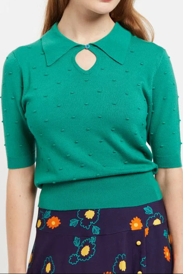 Louche Josephina Raindrops Textured Short Sleeve Collared Sweater Green