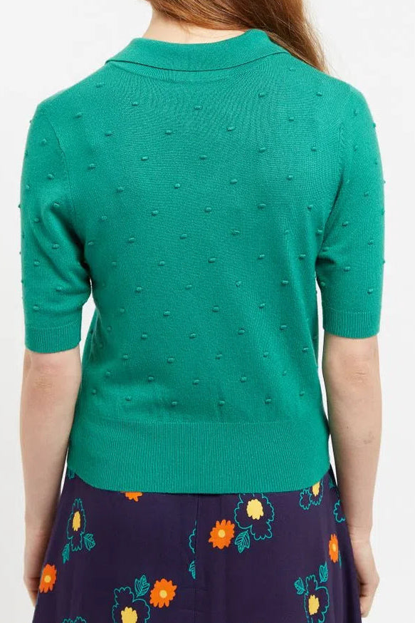 Louche Josephina Raindrops Textured Short Sleeve Collared Sweater Green