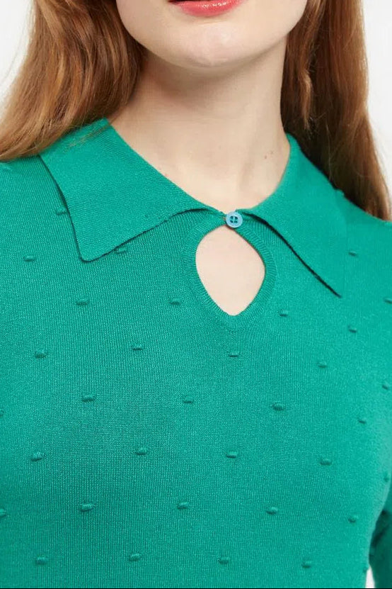 Louche Josephina Raindrops Textured Short Sleeve Collared Sweater Green