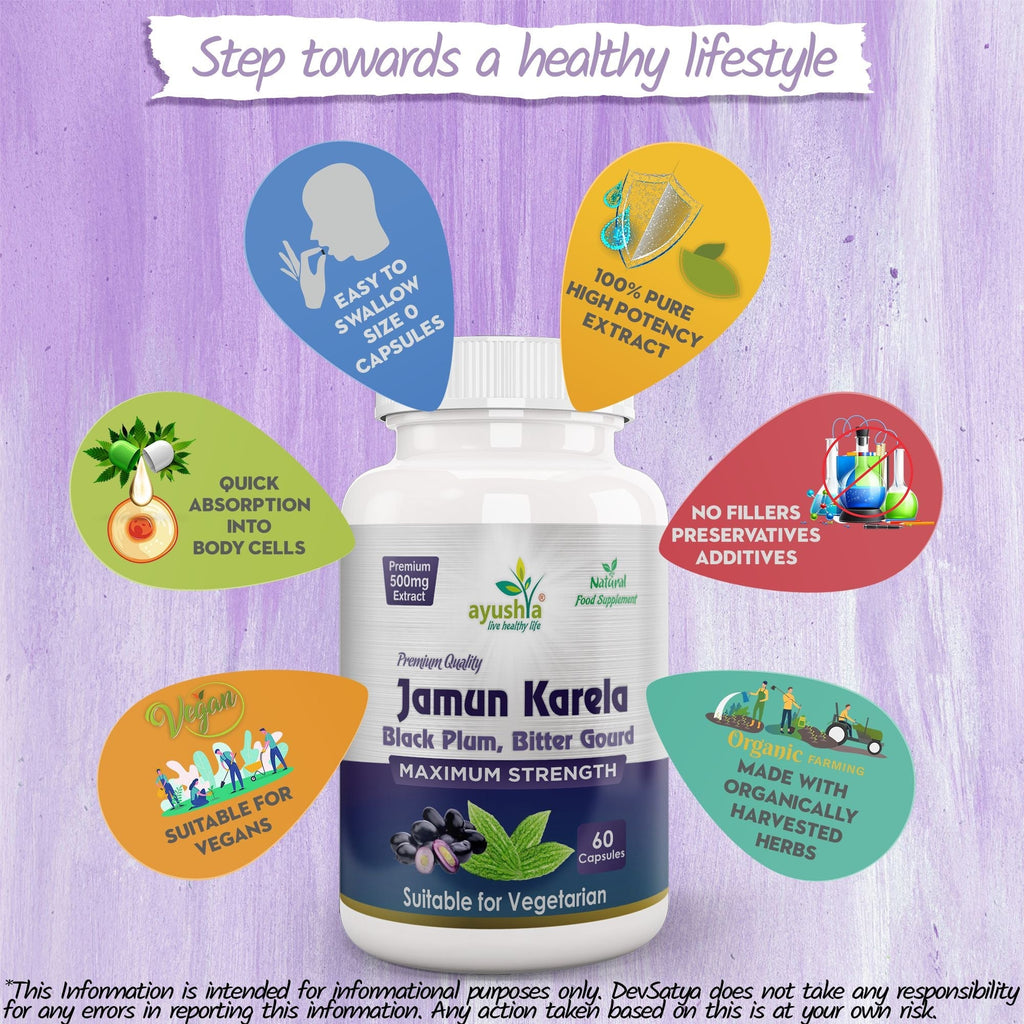 Ayushya Jamun Karela Neem Capsules Glucose Wellness Support - Vegan, Gluten Free, Non-GMO, 60 Capsules