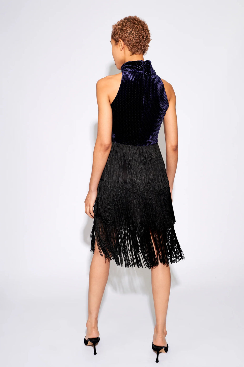 Karene Fringe Skirt Velvet Mini Dress in Navy