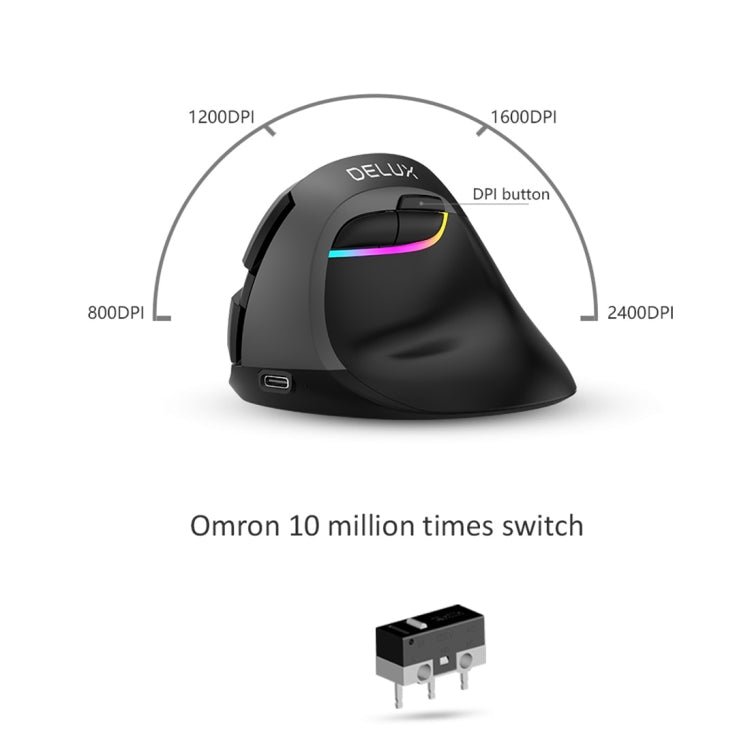 DELUX M618 Mini 2.4G Wireless 2400DPI USB Rechargeable Ergonomic Vertical Mouse, M618 Grey