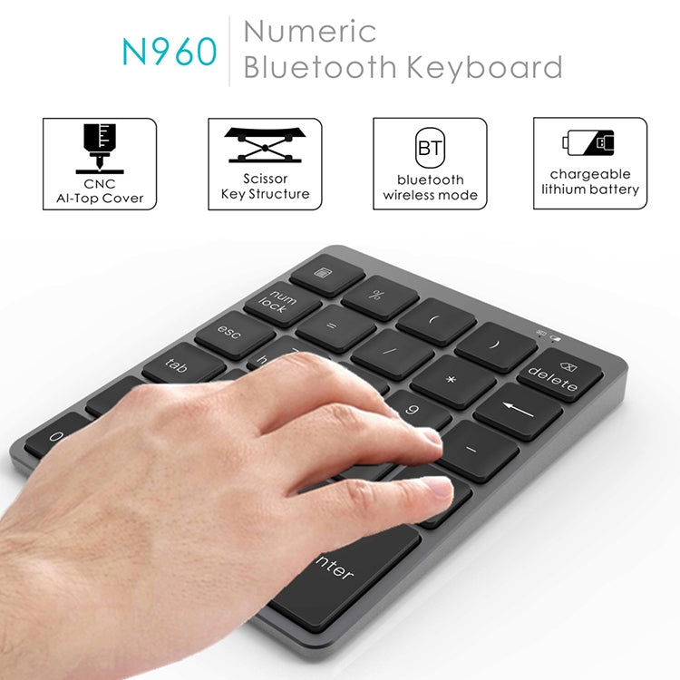 N960 Ultra-thin Universal Aluminum Alloy Rechargeable Wireless Bluetooth Numeric Keyboard (Grey)