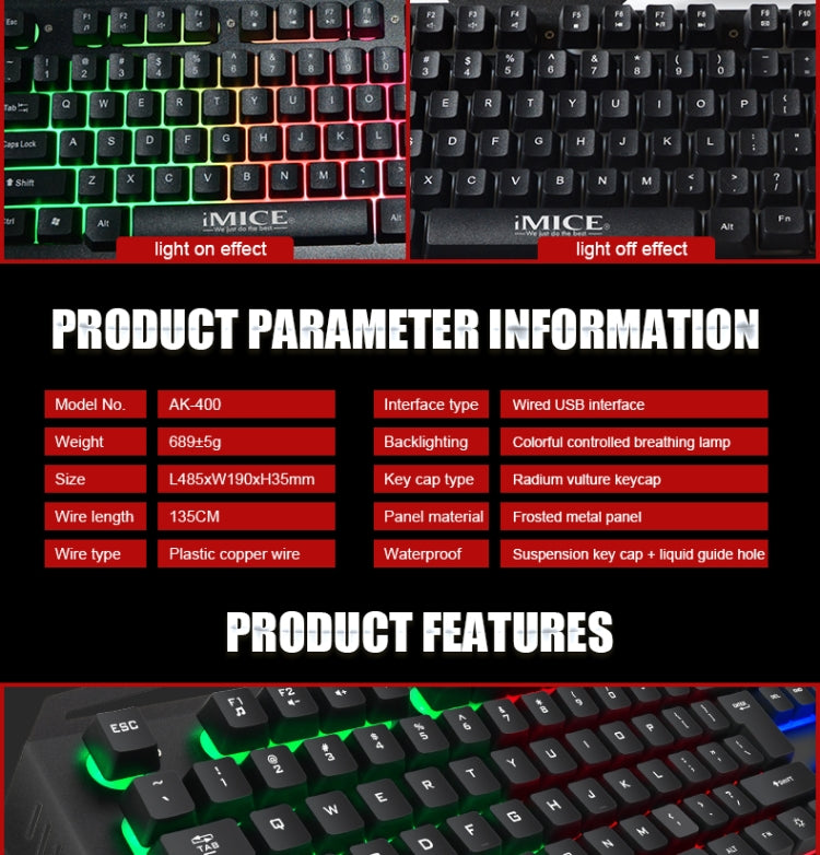 iMICE AK-400 USB Interface 104 Keys Wired Colorful Backlight Gaming Keyboard for Computer PC Laptop(Black)