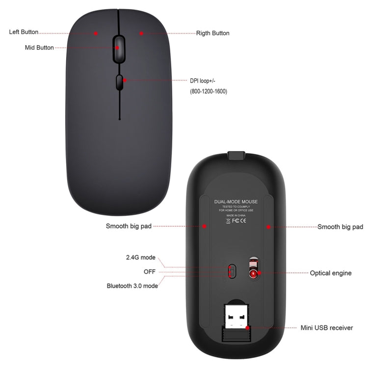 HXSJ M90 2.4GHz Ultrathin Mute Rechargeable Dual Mode Wireless Bluetooth Notebook PC Mouse