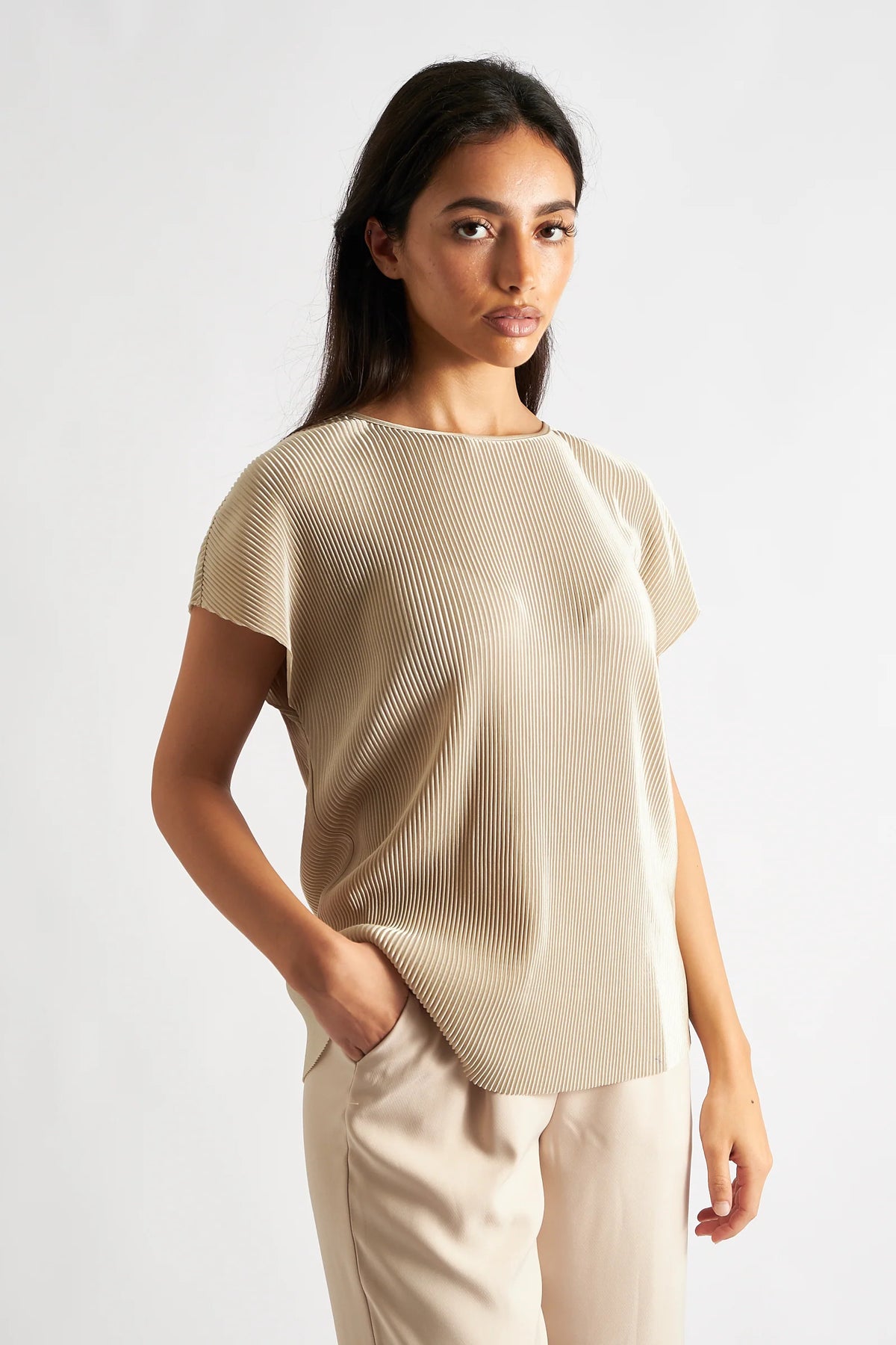 Korine Pleated Short Sleeve Top - Stone
