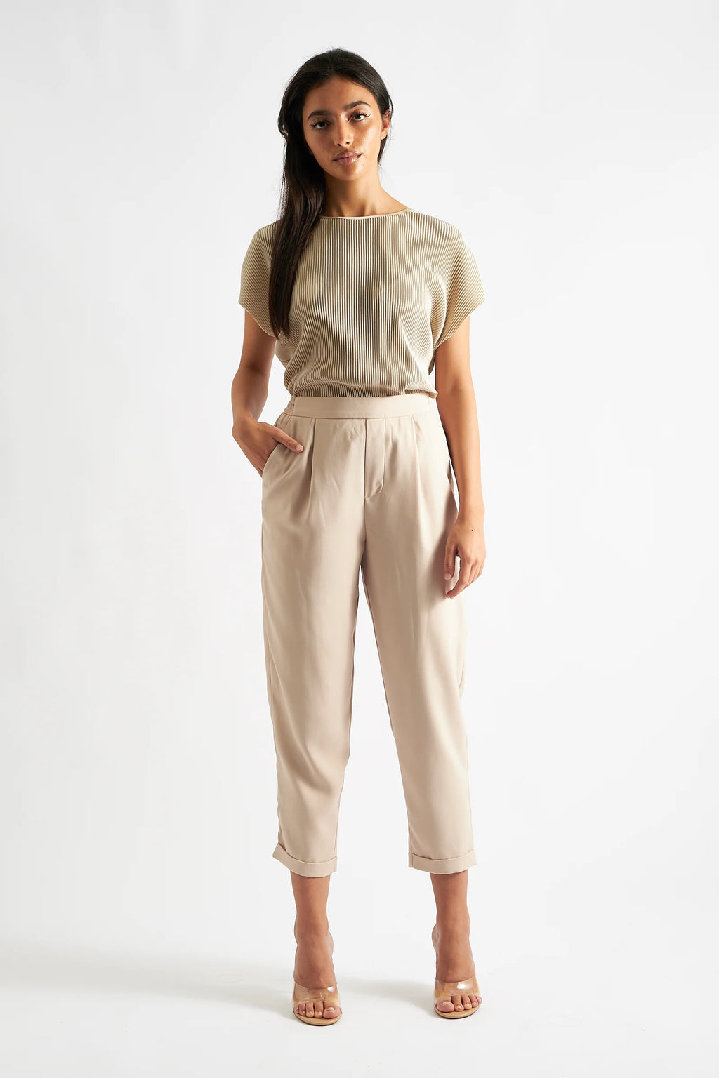 Korine Pleated Short Sleeve Top - Stone