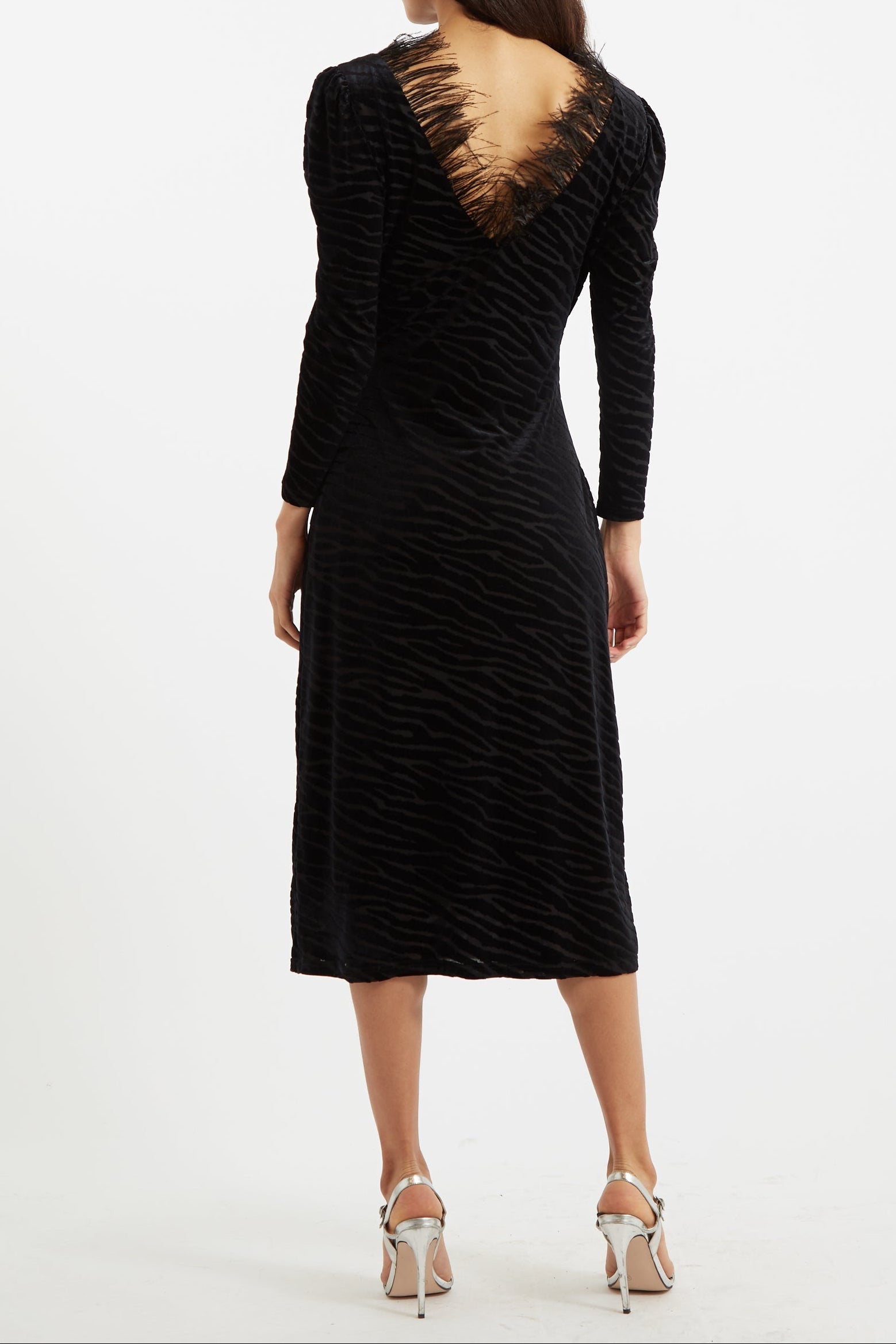 Louche Krystel Zebra Devore Feather Trim Midi Dress Black
