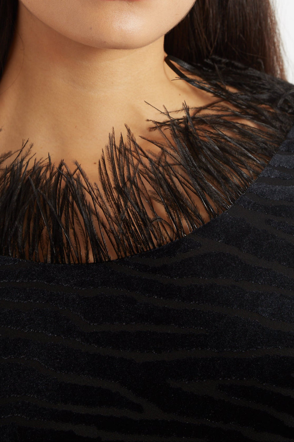 Louche Krystel Zebra Devore Feather Trim Midi Dress Black