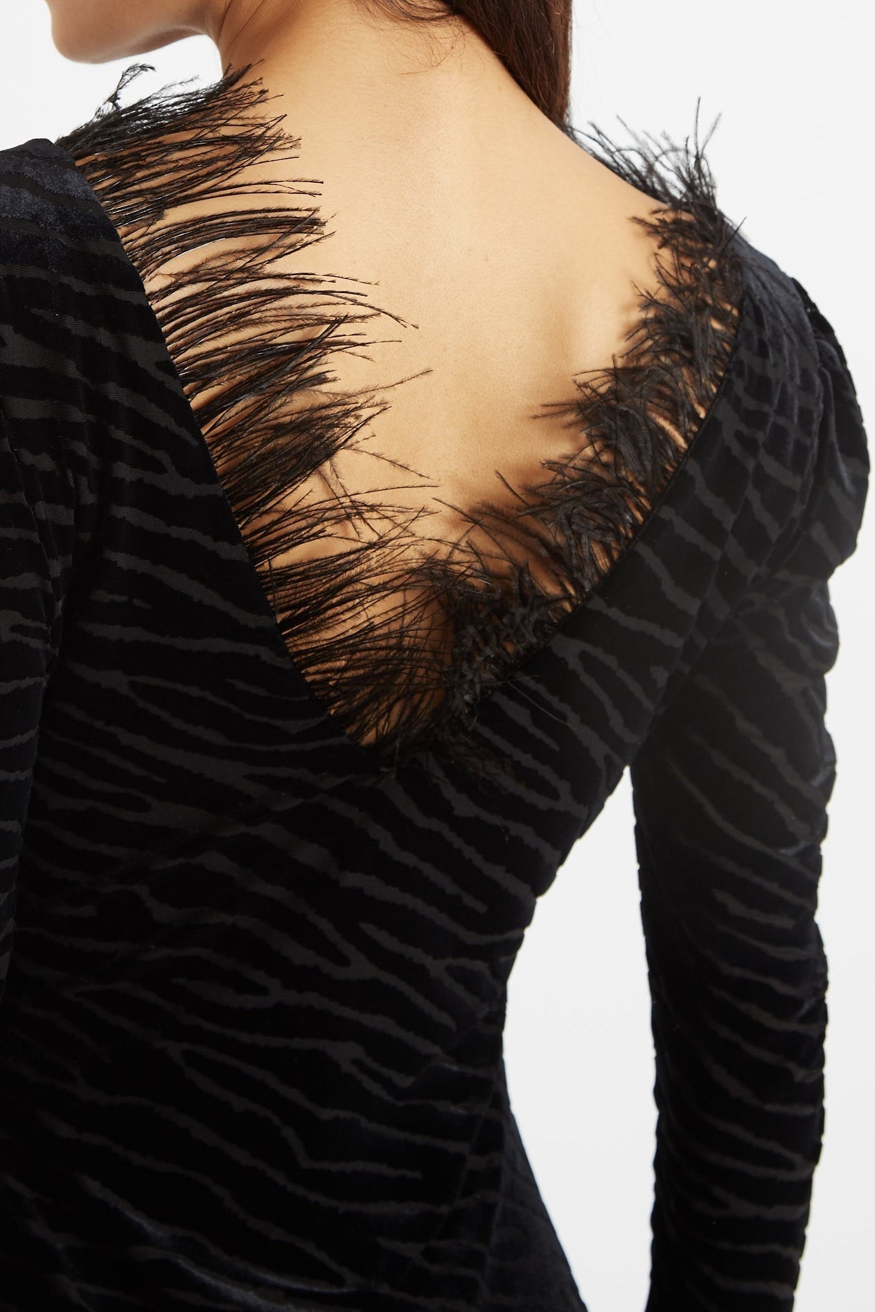 Louche Krystel Zebra Devore Feather Trim Midi Dress Black