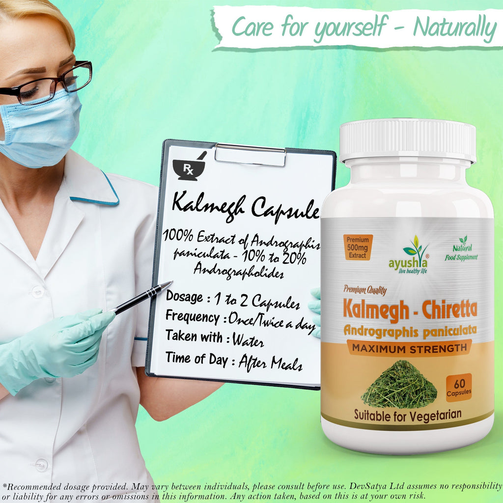Ayushya Andrographis Kalmegh Chirata Capsules Liver & Immune Wellness Support - Vegan, Gluten Free, Non-GMO, 60 Capsules