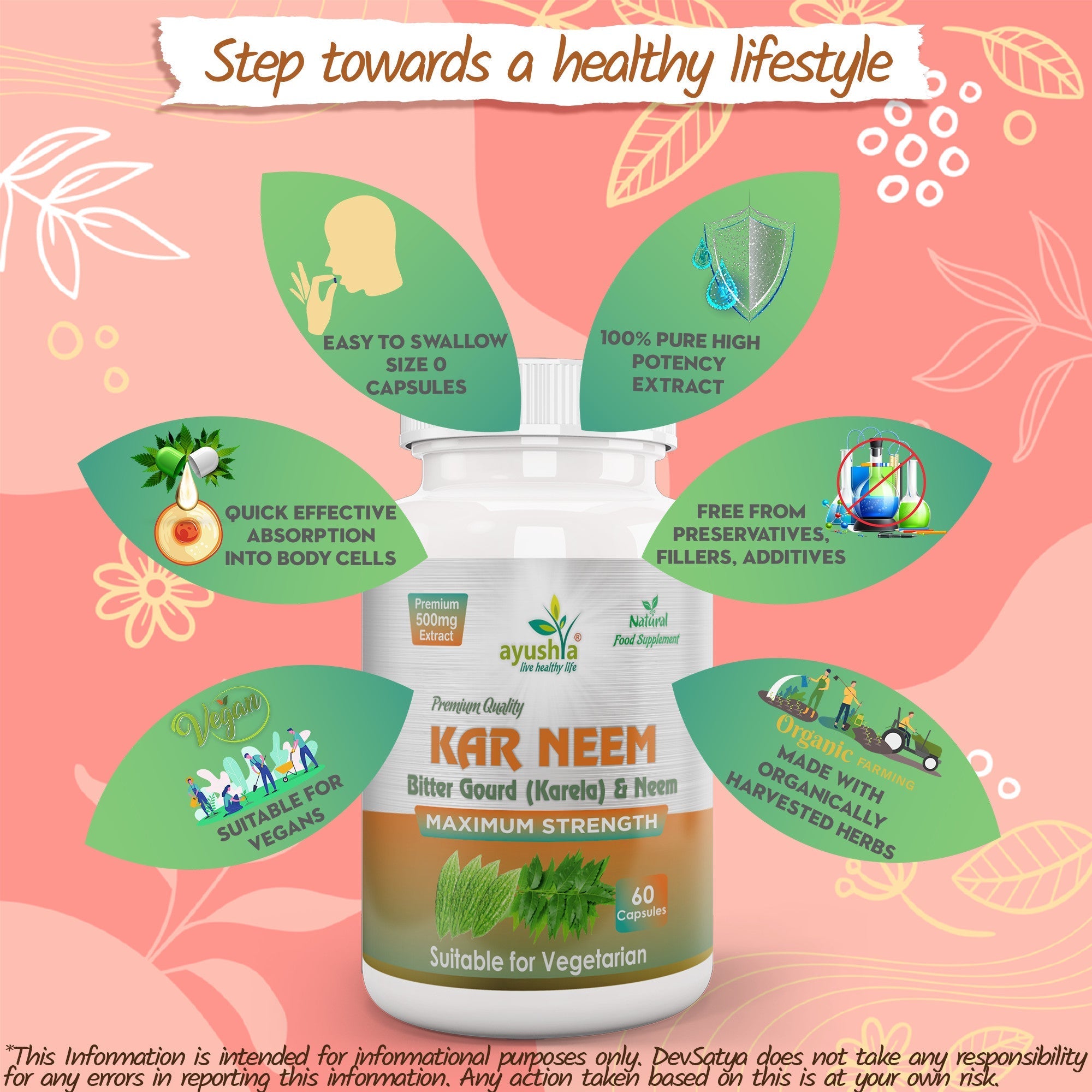 Ayushya KarNeem Capsules (Karela & Neem Blend) Glucose Wellness Support - Vegan, Gluten Free, Non-GMO, 60 Capsules