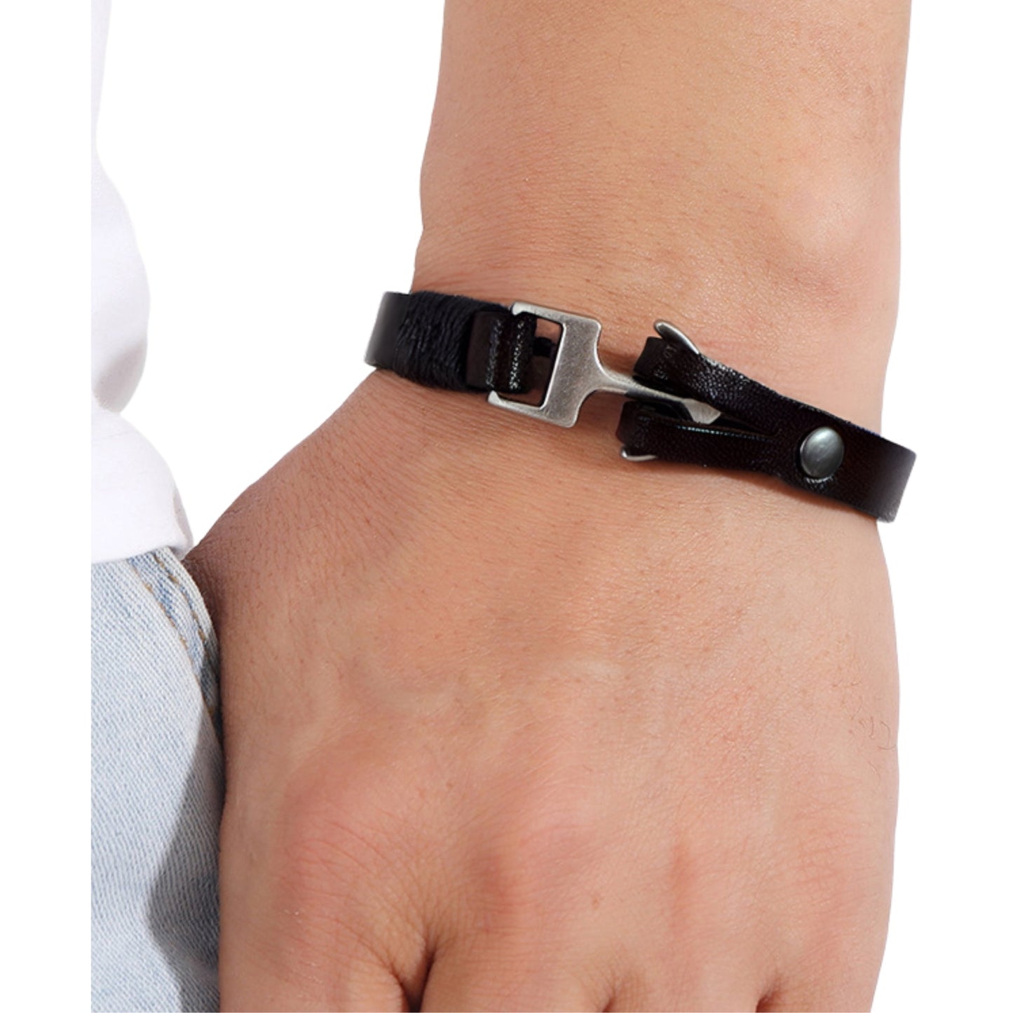 Men's Black Leather Silver Hook Bracelet