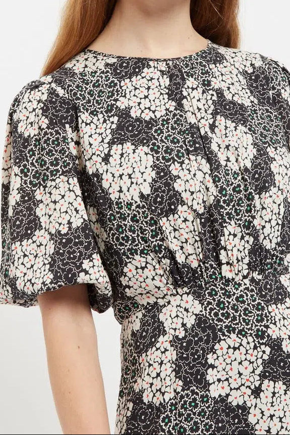 Leonore Flower Patch Balloon Sleeve Midi Dress in Black & White