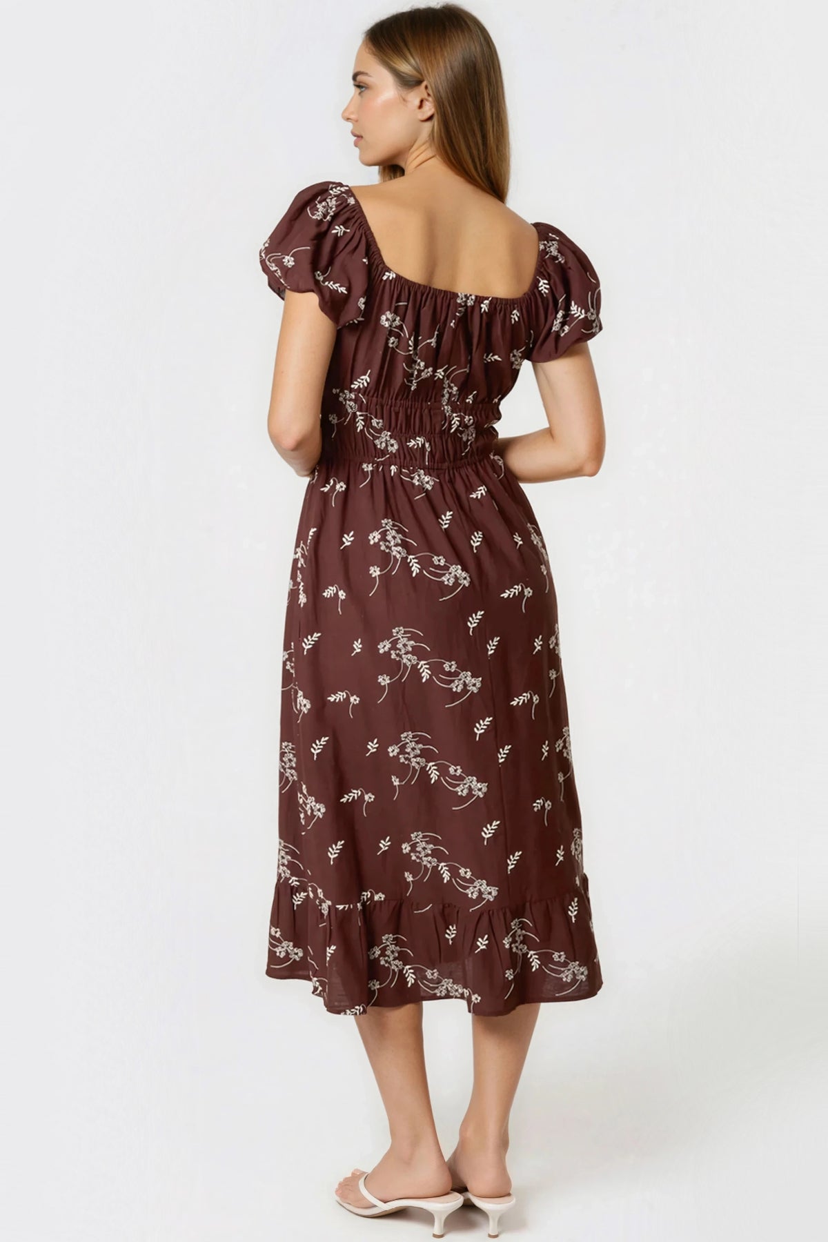 Brown Embroidered Milkmaid Midi Dress