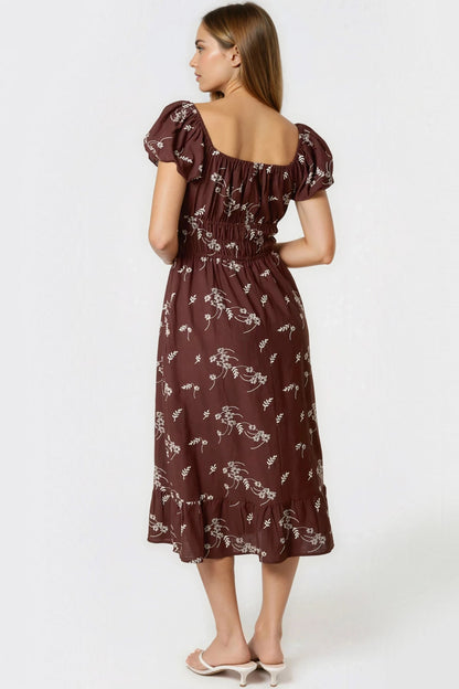 Brown Embroidered Milkmaid Midi Dress