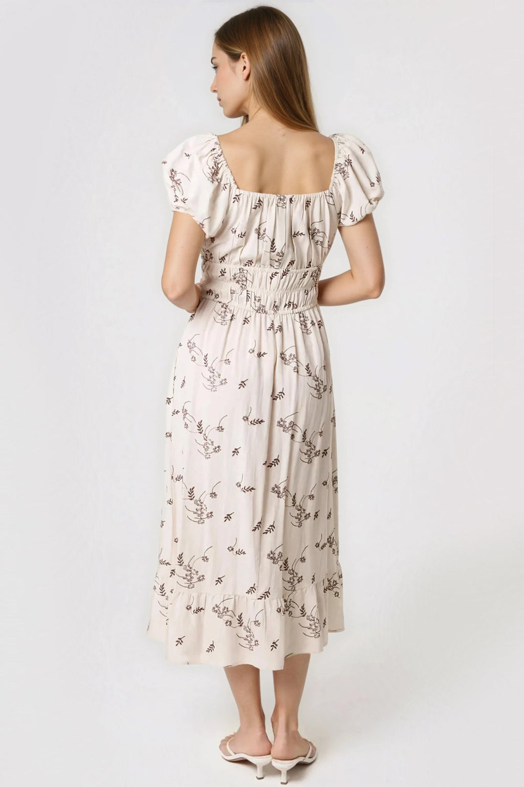 Beige Embroidered Milkmaid Midi Dress