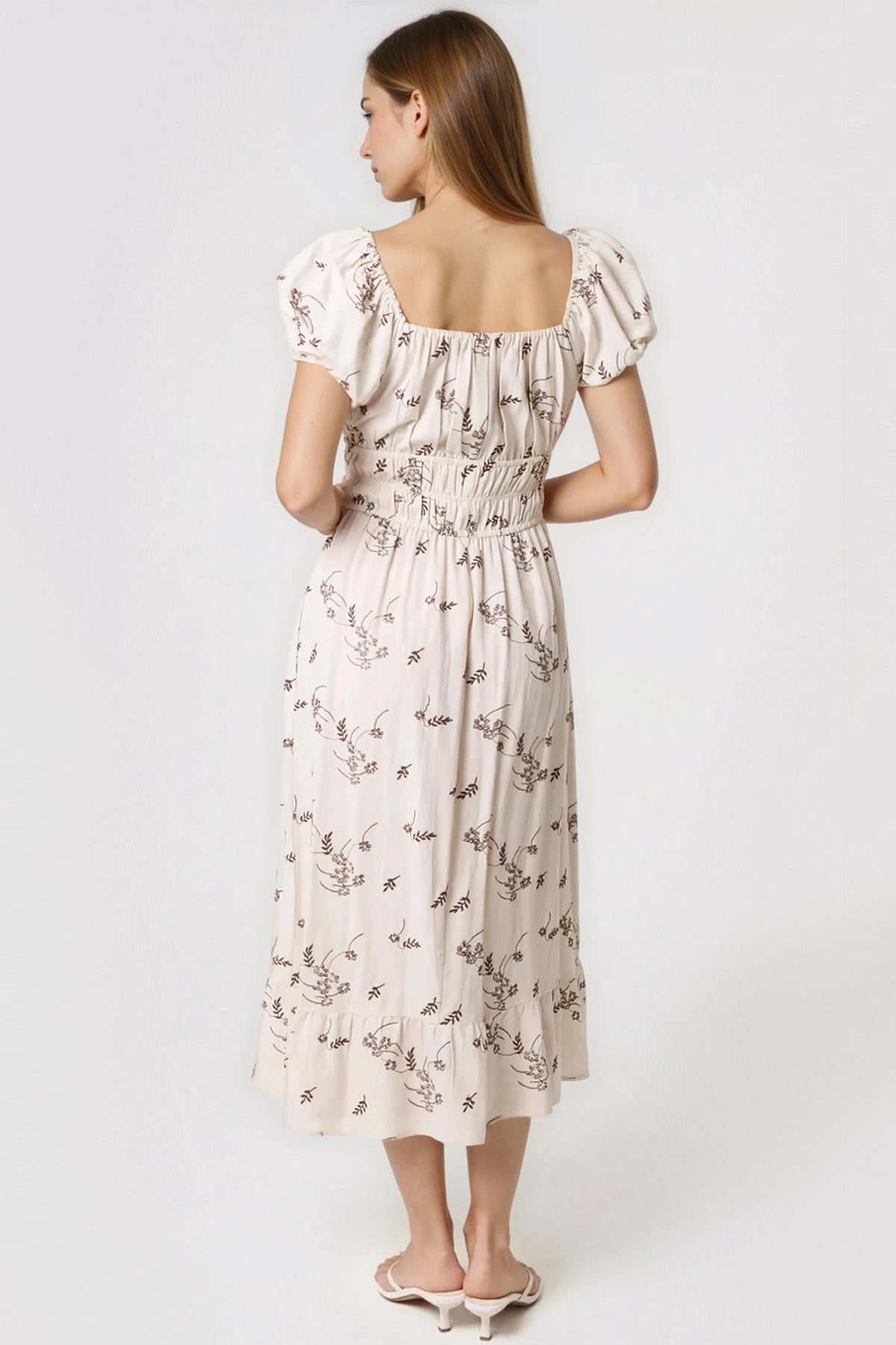 Beige Embroidered Milkmaid Midi Dress